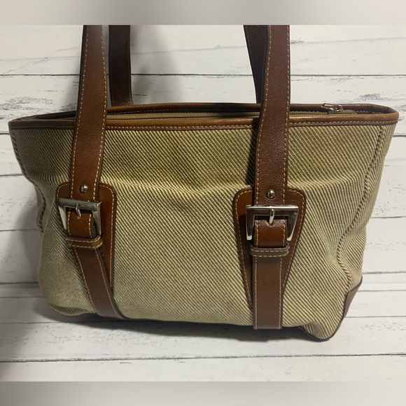 Etienne Aigner Canvas and Leather Tote Bag Striped Design with Adjustable Straps - Picture 4 of 16